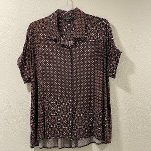 LIVERPOOL Short Sleeve Button Front Block Print Jersey Top, Black/Rust - M